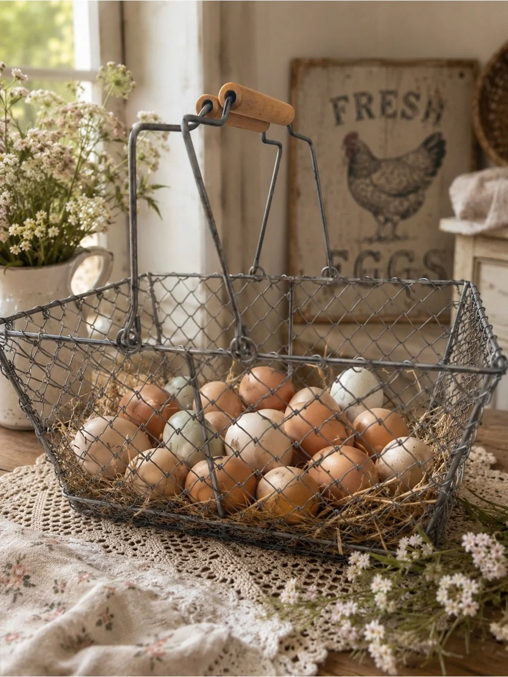 Decorative Wire Market Basket with Wood Handles - Gray